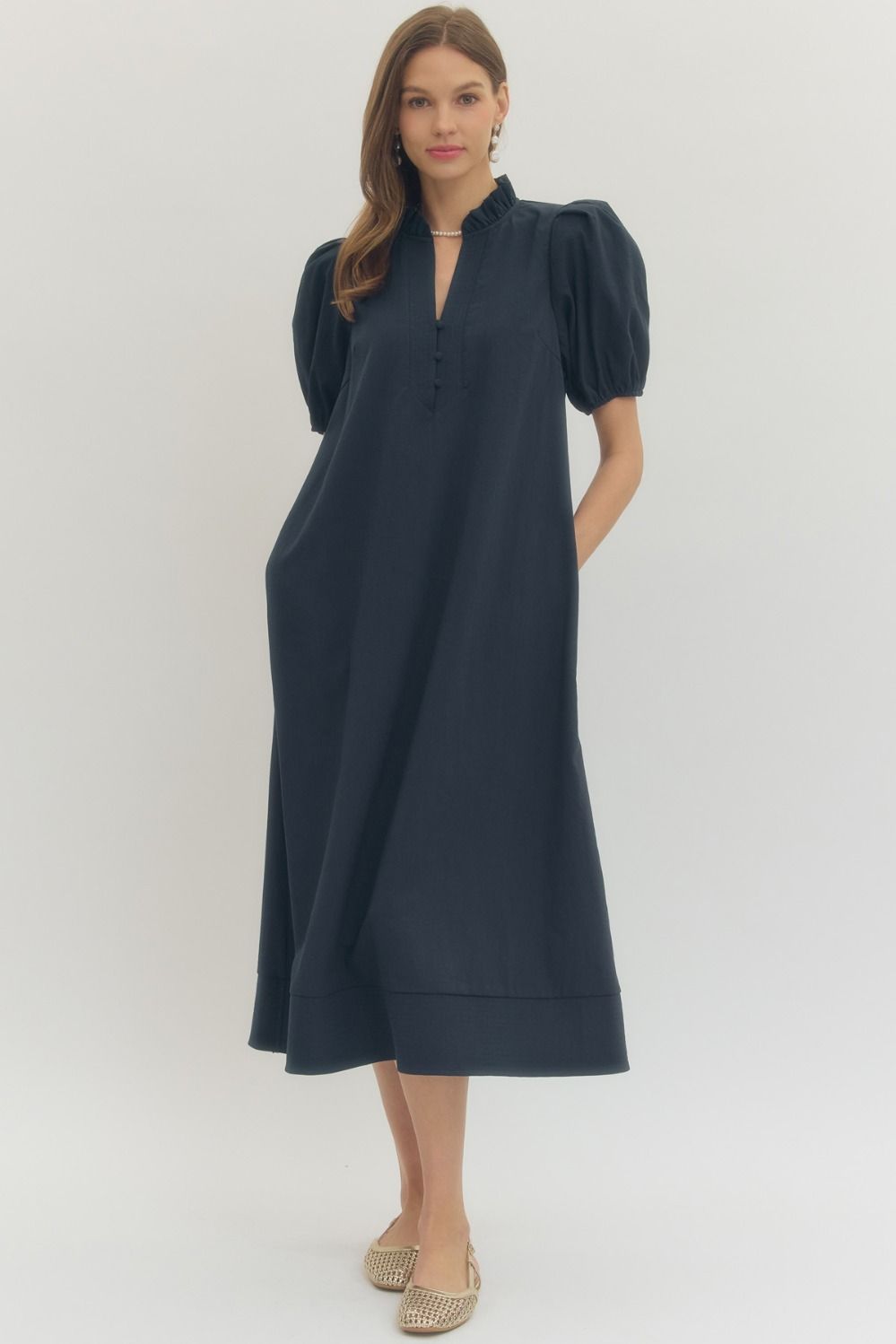 Solid short puff sleeve midi dress