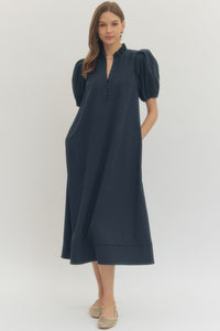 Solid short puff sleeve midi dress