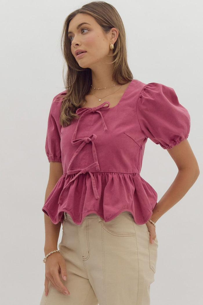 Solid short puff sleeve square neck ruffled peplum top