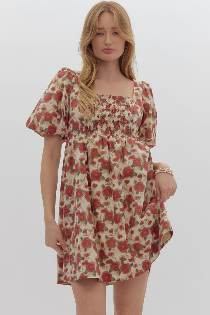 Floral print short puff sleeve square neck mini dress