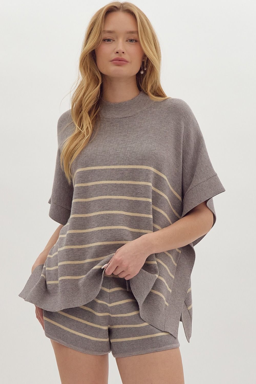 Solid ribbed high neck poncho style top