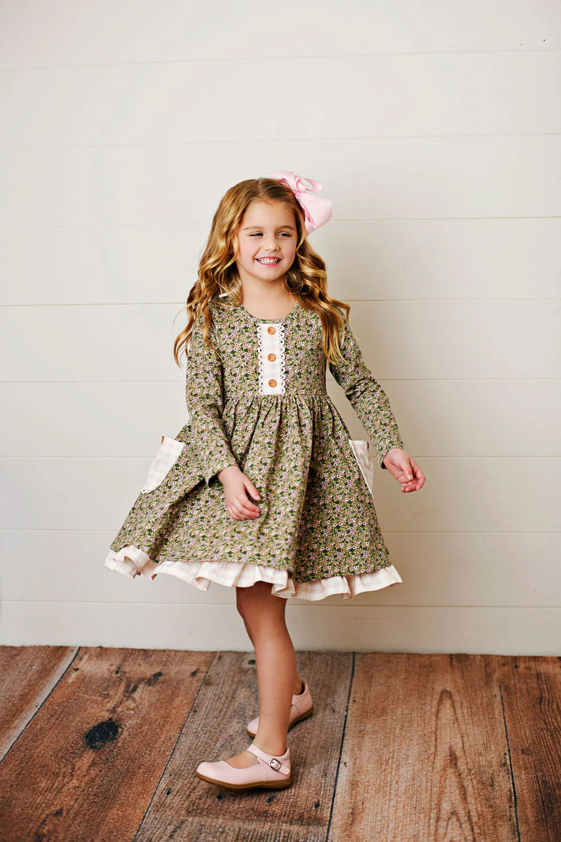 SWOON BABY OLIVE DITSY FLORAL BLISS POCKET GIRL FALL DRESS