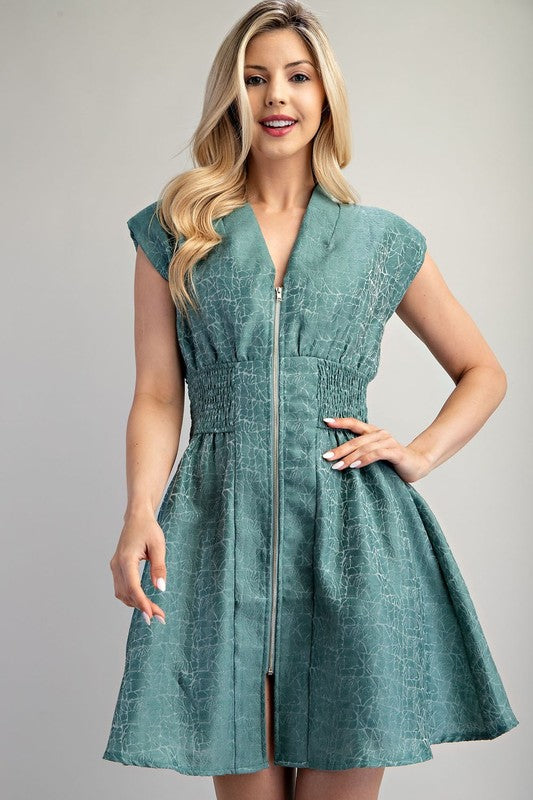 V-Neck Smocked Front-Zip A-Line Dress