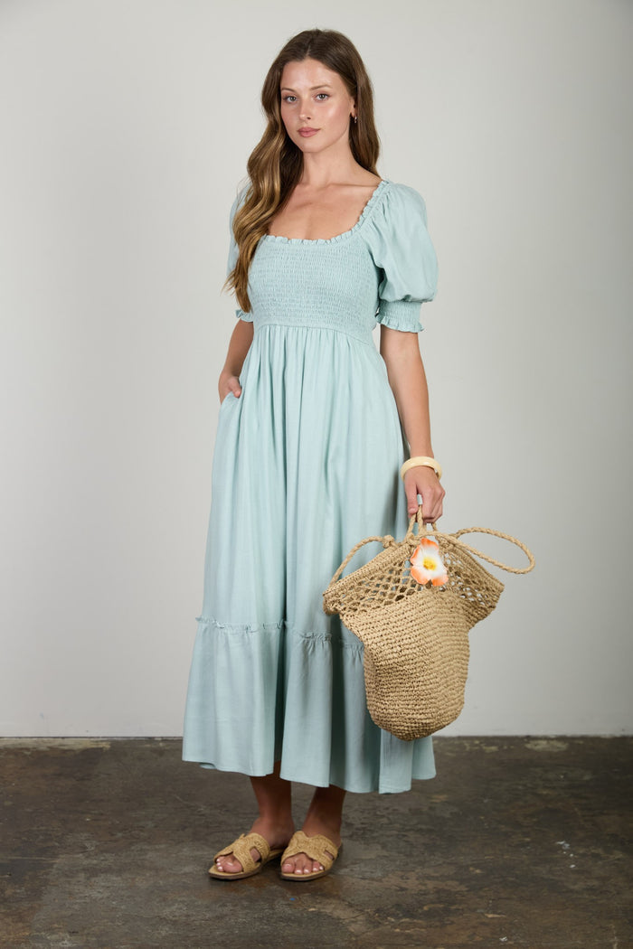 Smocked Puff Sleeve Ruffle Trim Midi Dress