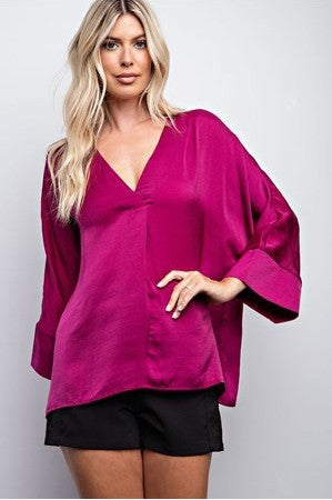 V-Neck Wide Sleeve Satin Top