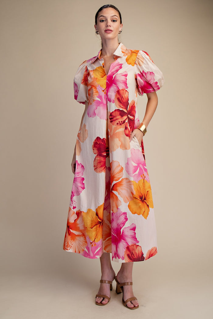 Collar V-neck Pleated Midi Dress