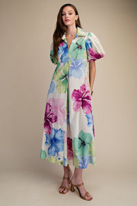 Collar V-neck Pleated Midi Dress