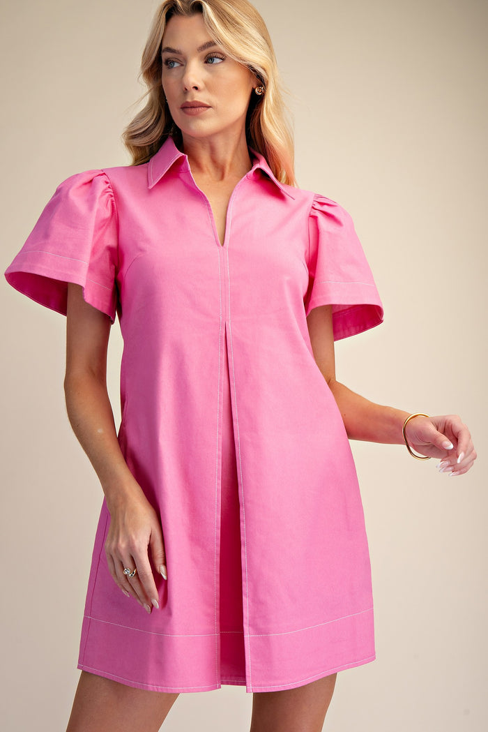 Collar V-neck Pleated Mini Dress