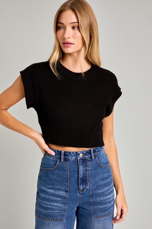 SLEEVELESS DROP SHOULDER CREW NECK SWEATER