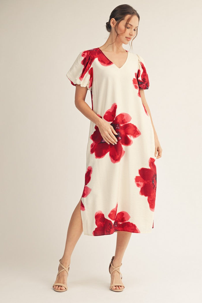 Side Slit Hem Big Floral Midi Dress