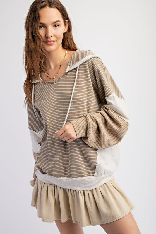 STRIPE MIX WASHED COTTON KNIT HOODIE PULLOVER