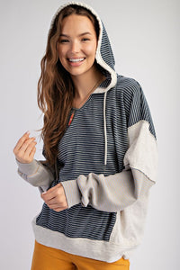 STRIPE MIX WASHED COTTON KNIT HOODIE PULLOVER