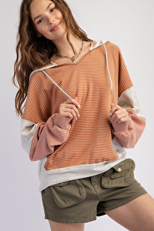 STRIPE MIX WASHED COTTON KNIT HOODIE PULLOVER