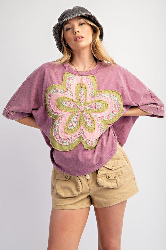 PLUS SIZE-FLOWER PATCH WASHED COTTON SLUB TOP