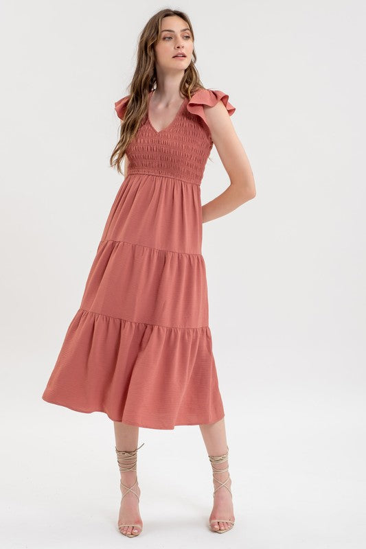 FLUTTER SLEEVE MIDI DRESS