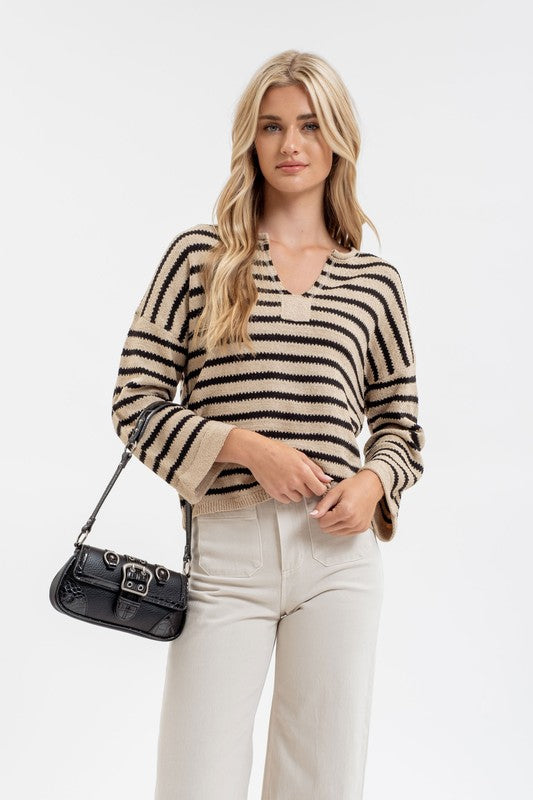 STRIPE SPLIT NECK LONG SLEEVE KNIT SWEATER