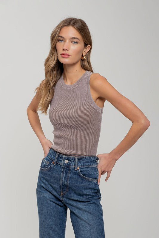 WASHED ROUND NECK SWEATER KNIT TANK TOP