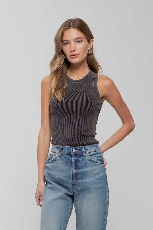 WASHED ROUND NECK SWEATER KNIT TANK TOP