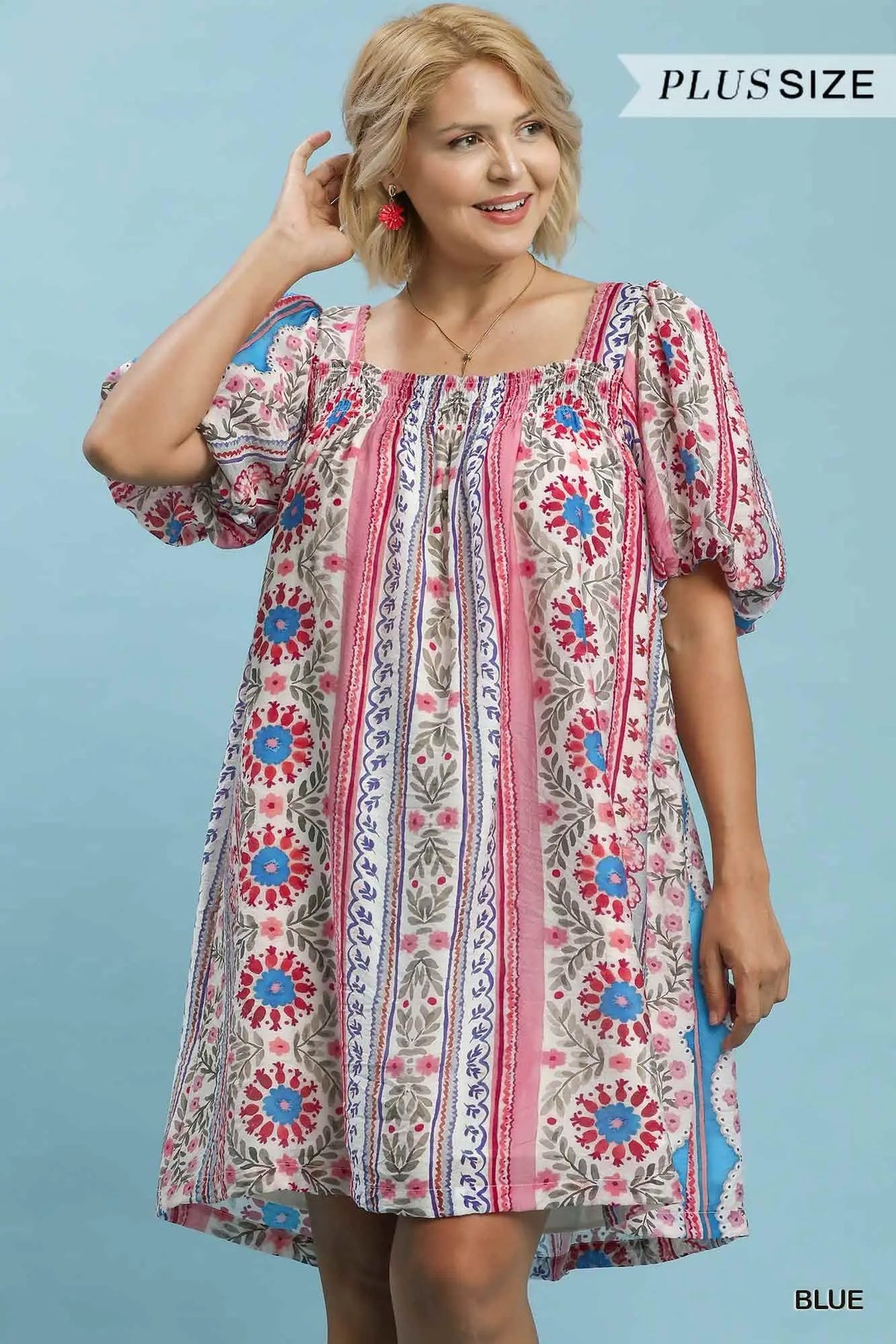 Mixed Print Puff Sleeve Mini Dress