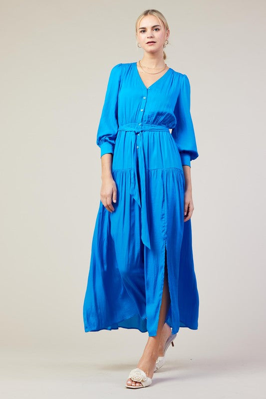 LONG SLEEVE V-NECK BUTTON FRONT TIERED MAXI DRESS