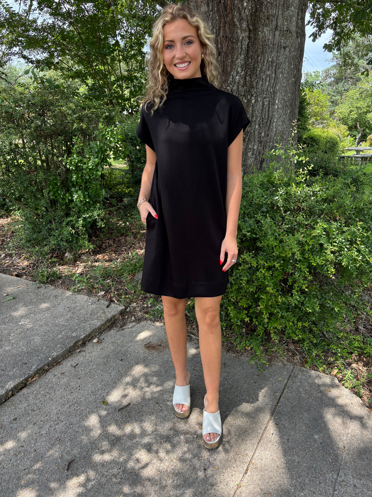 Solid jersey mock neck pullover mini dress