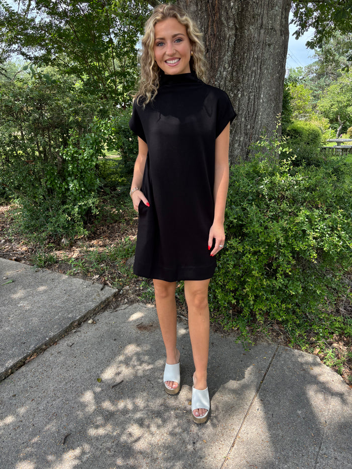 Solid jersey mock neck pullover mini dress