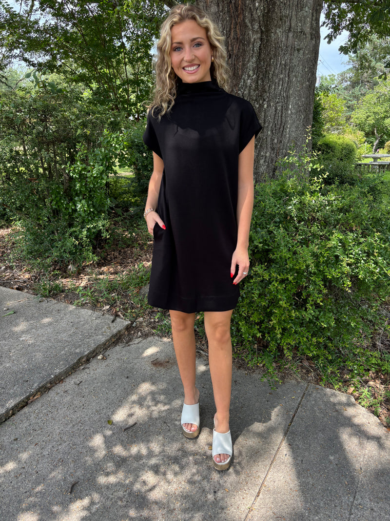 Solid jersey mock neck pullover mini dress