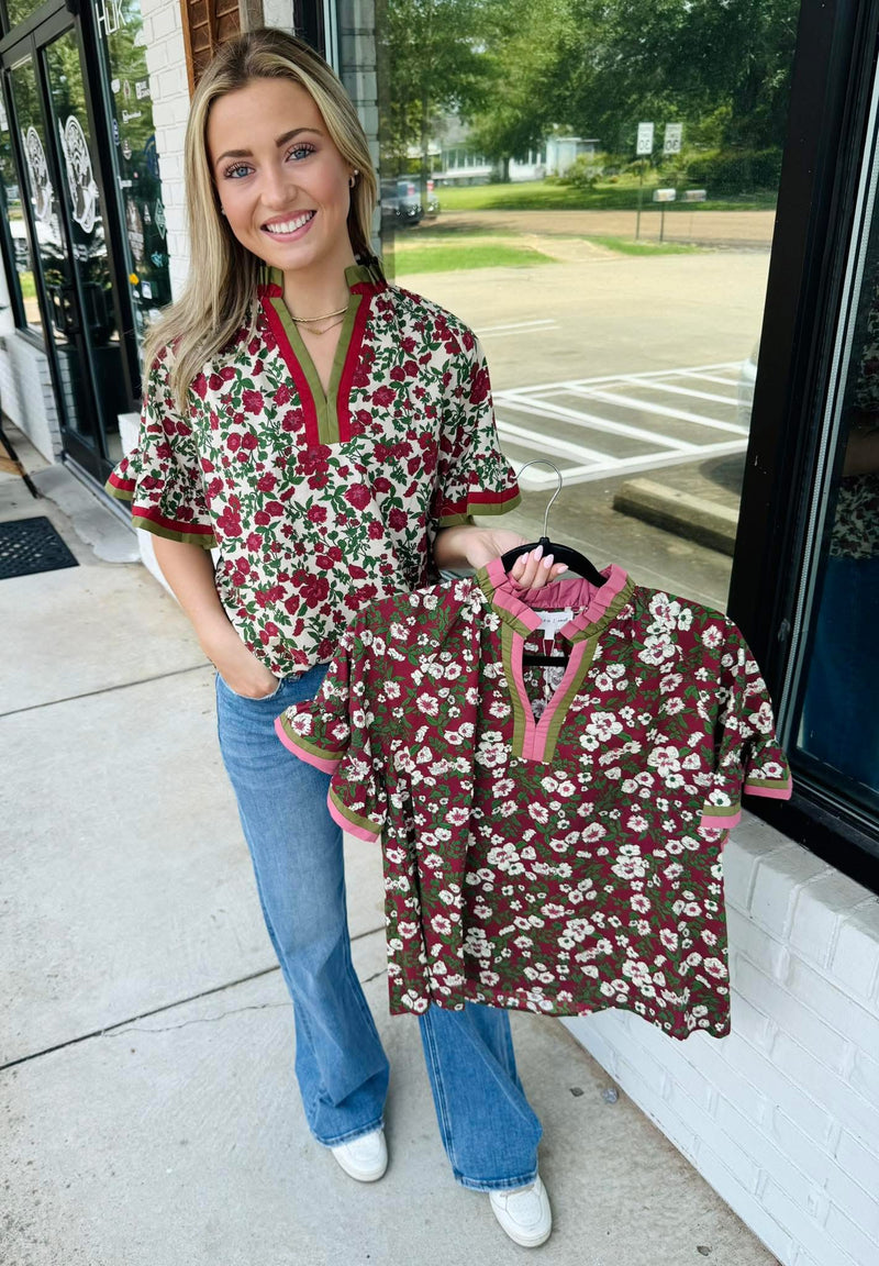 Floral print short ruffle sleeve top