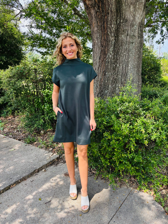 Solid jersey mock neck pullover mini dress