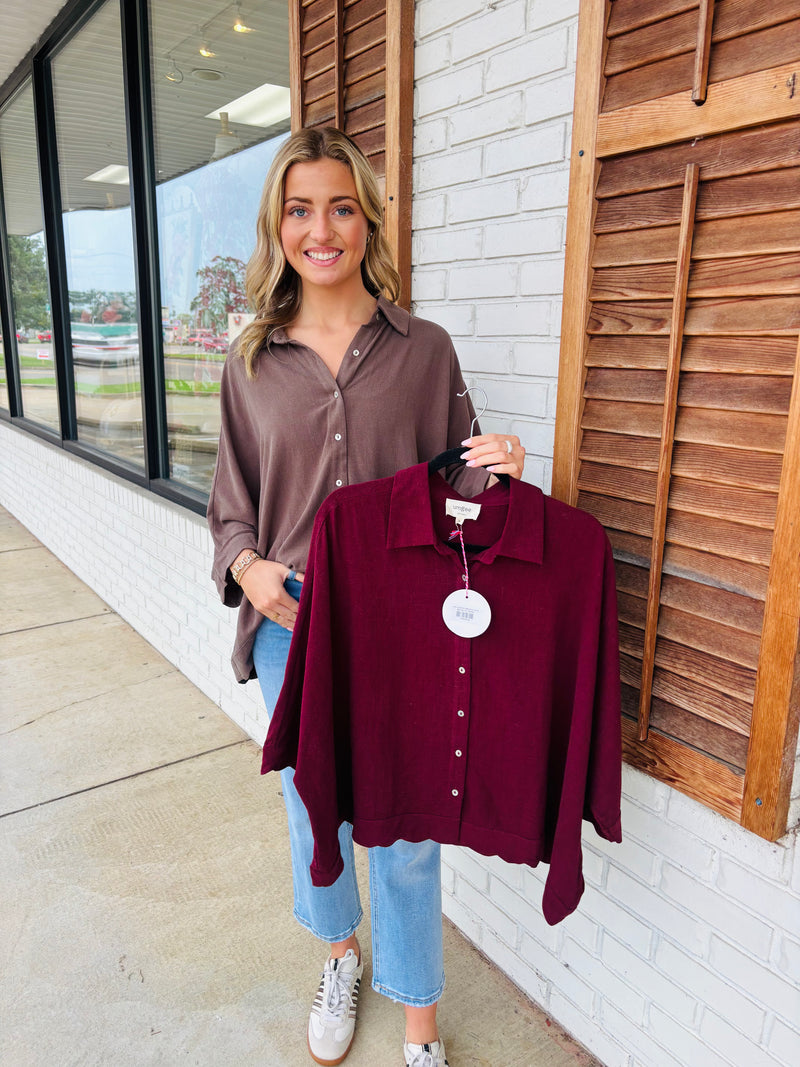Linen Scallop Hem Button-Down Blouse