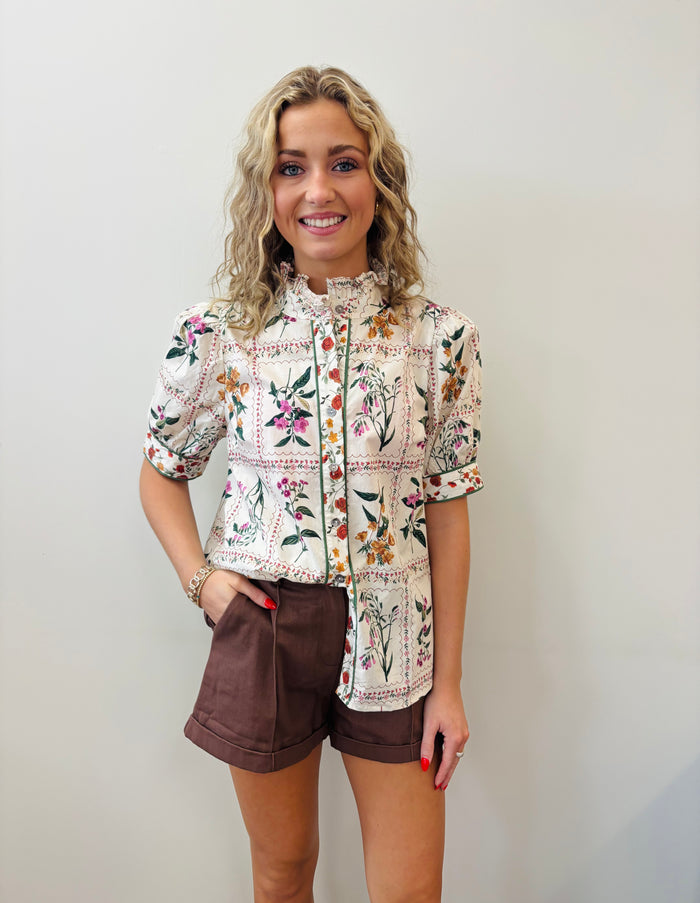 Floral print ruffle neck band collar button front closure top