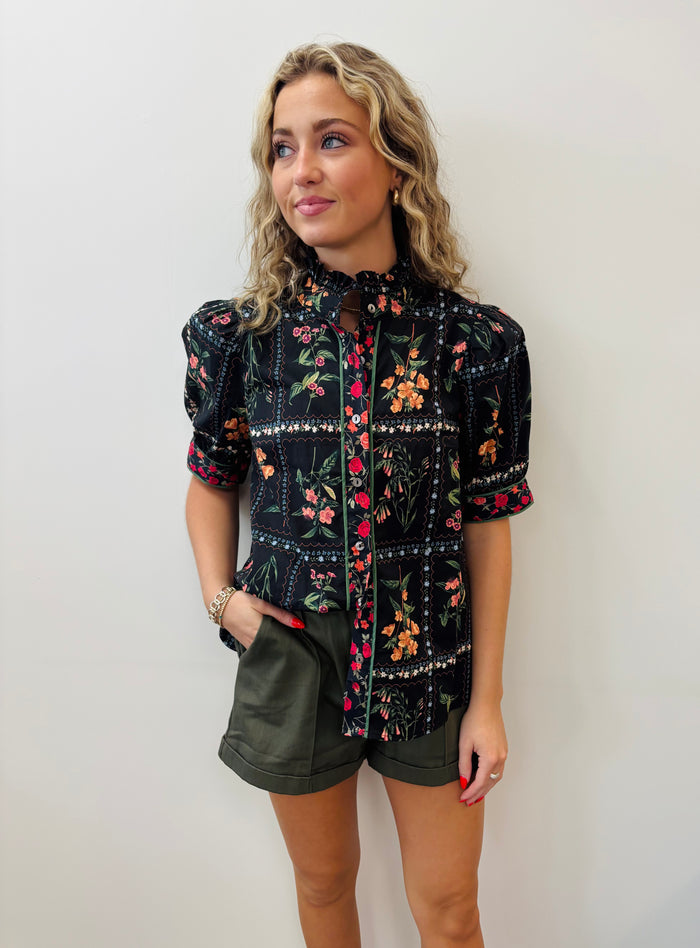 Floral print ruffle neck band collar button front closure top