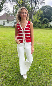 Stripe V Neck Button Front Split Hem Knit Vest