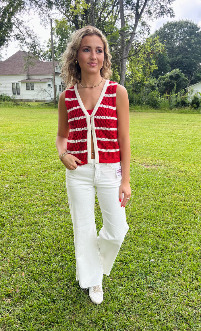 Stripe V Neck Button Front Split Hem Knit Vest