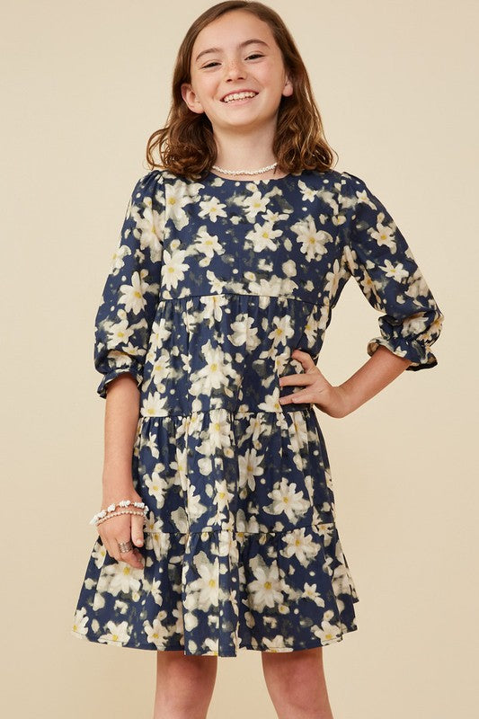 Girls Floral Print Tiered Cinch Sleeve Dress