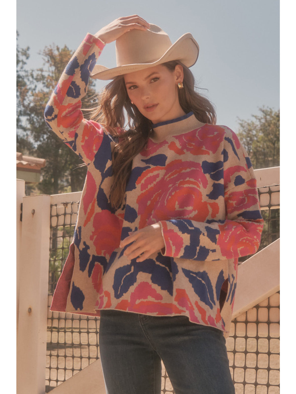 Flower print knit pullover top with mock neck,