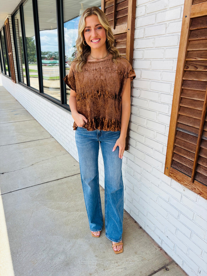 Velvet Ruffle Hem Smocked Blouse