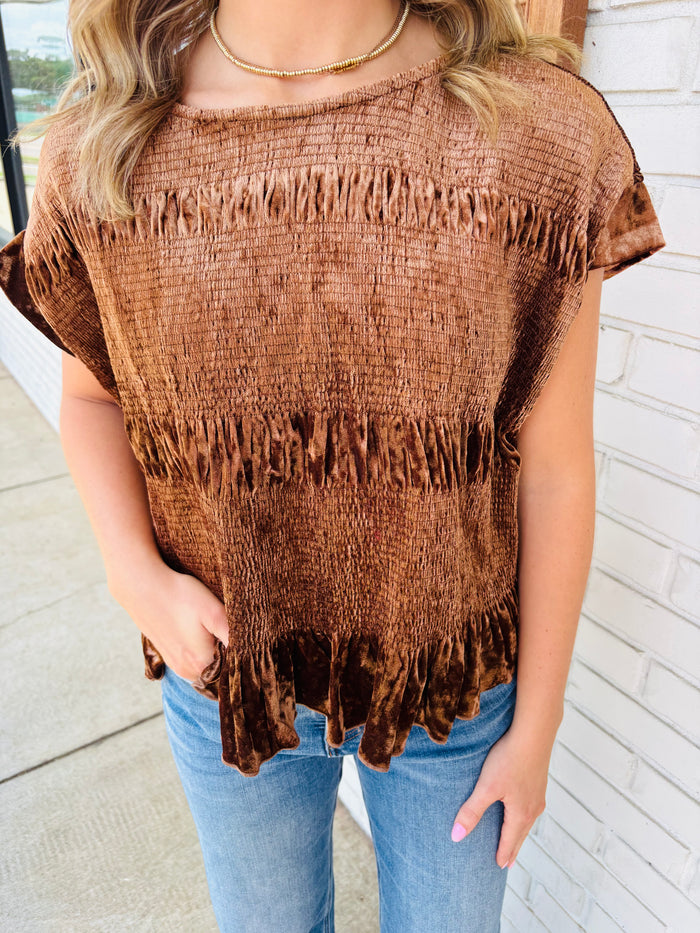 Velvet Ruffle Hem Smocked Blouse