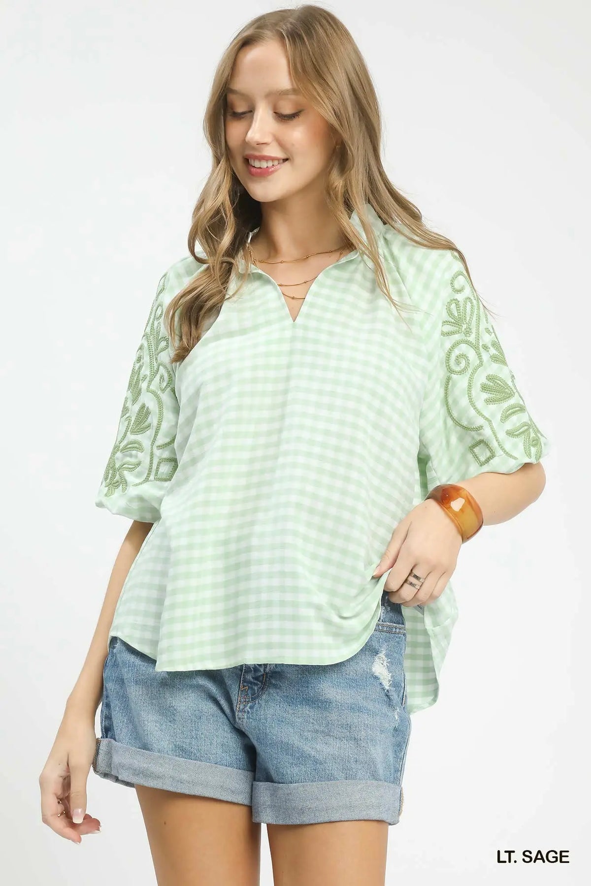 Gingham Embroidered Balloon Sleeve Top