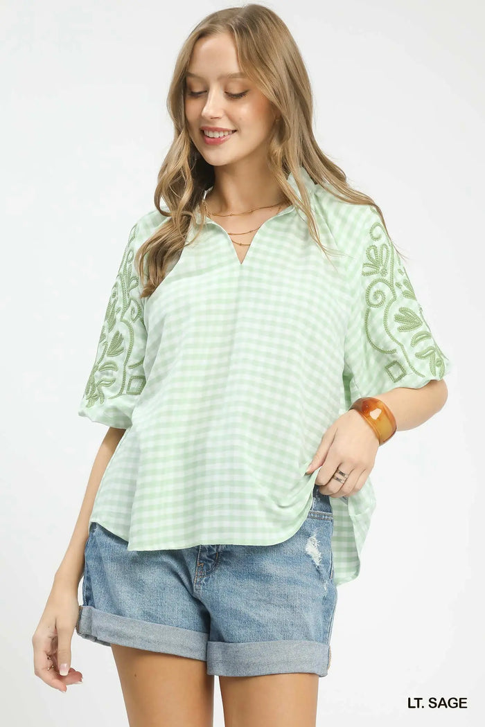 Gingham Embroidered Balloon Sleeve Top