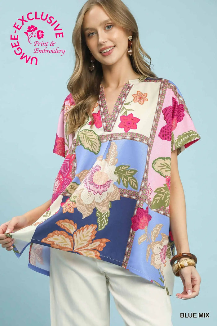Umgee Boho Floral Patchwork V-Neck Top