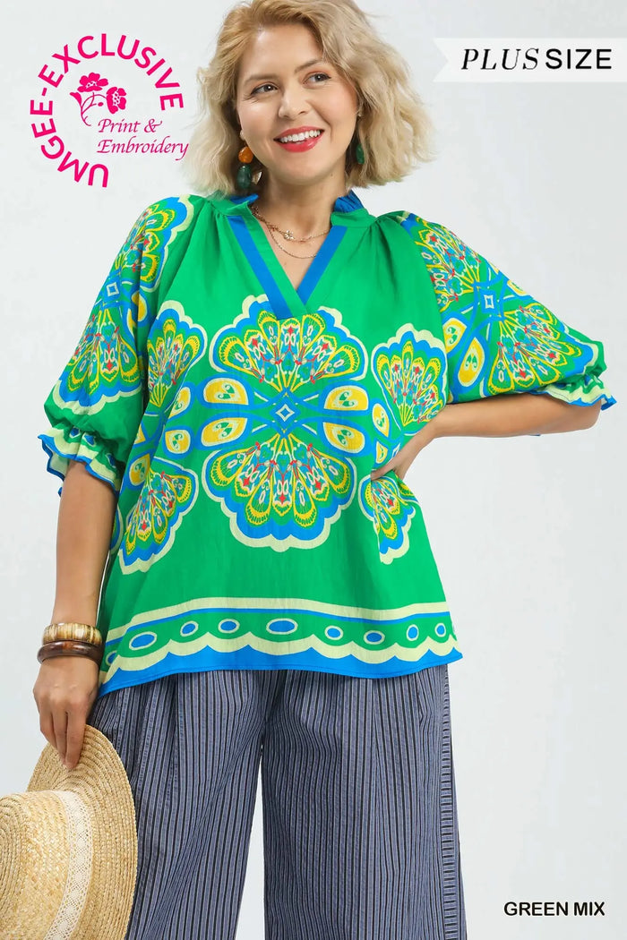 Mix Boho Print V-Neck Top