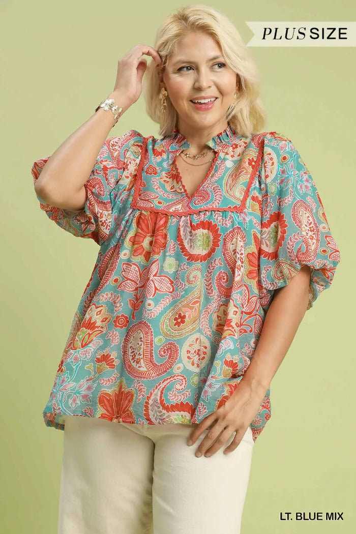 Mix Paisley Print Blouse with Puff Sleeves