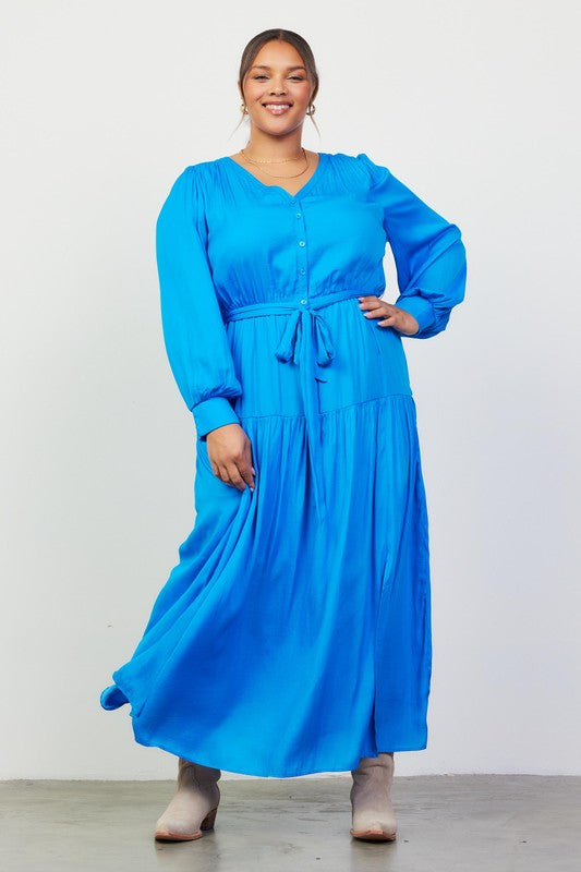 PLUS SIZE BUTTON FRONT TIERED MAXI DRESS