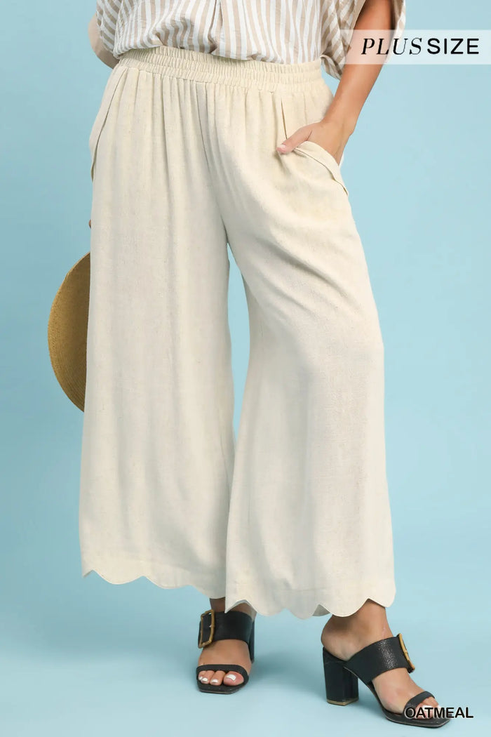 Linen Blend Scallop Hem Wide Leg Pants
