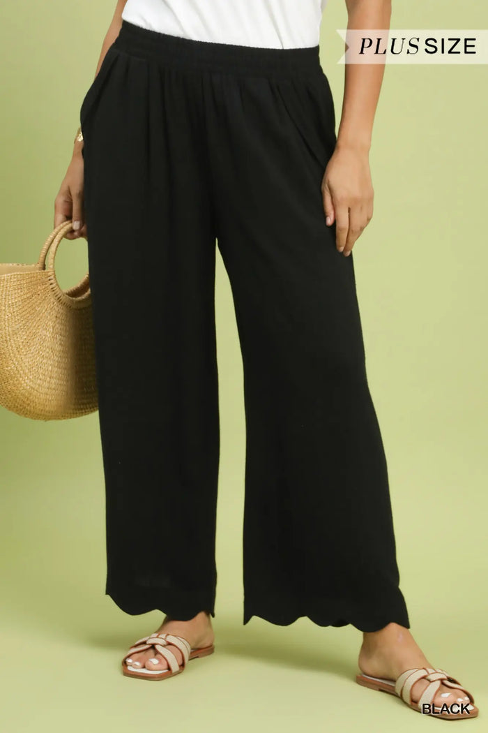 Linen Blend Scallop Hem Wide Leg Pants