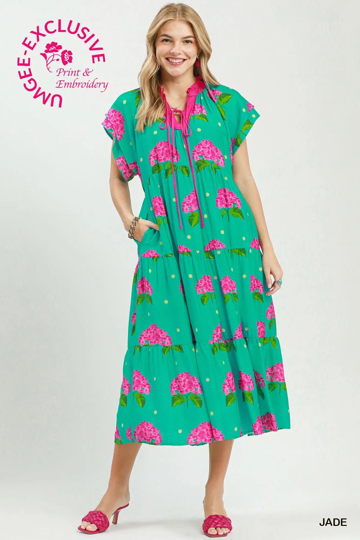 Hydrangea Print Tiered Midi Dress