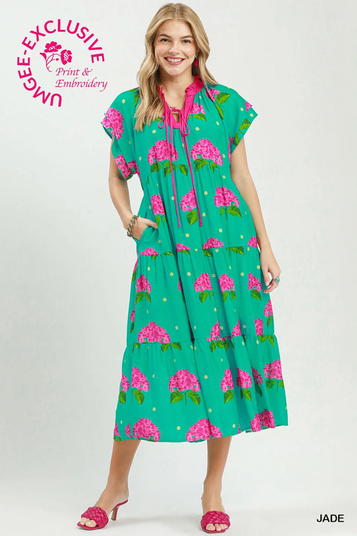 Hydrangea Print Tiered Midi Dress