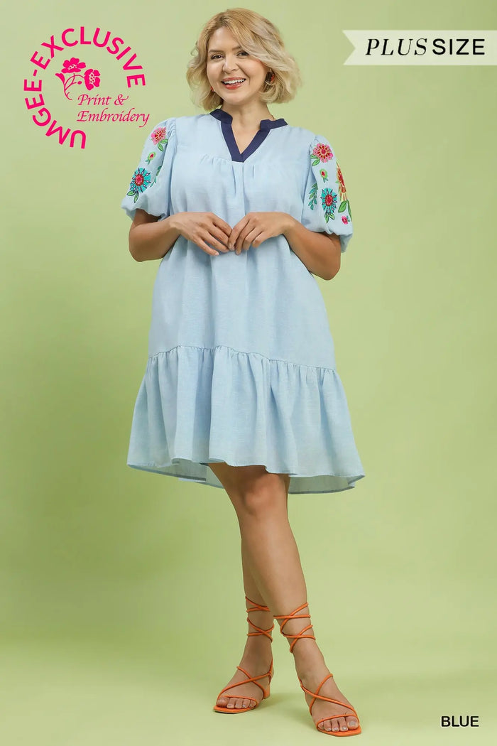 Embroidered Puff Sleeve Tiered Mini Dress