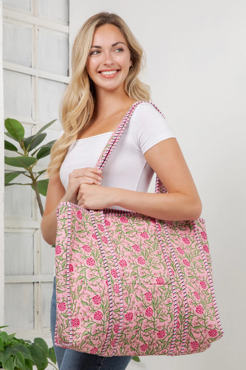 Floral Quilted Cotton Tote Bag